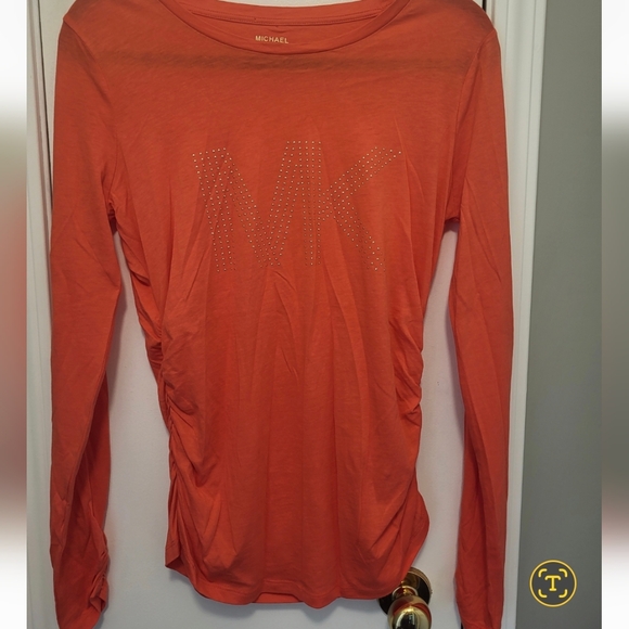 Micheal Kors Gold Studded Logo Long Sleeve Tee Size Medium Sangria (orange) - Picture 7 of 11
